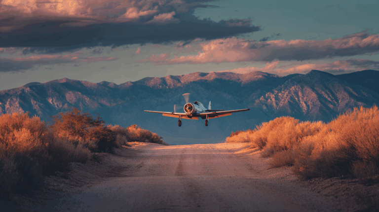 A small propeller airplane is flying low over a dirt road surrounded by desert vegetation. The scene is set against a backdrop of mountains under a dramatic sky with clouds, illuminated by warm, late-afternoon or early-evening light.