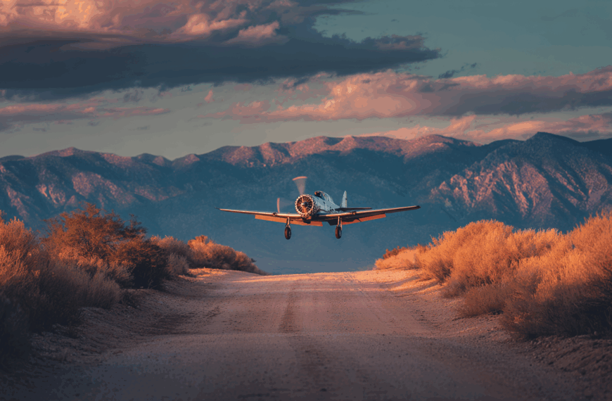 A small propeller airplane is flying low over a dirt road surrounded by desert vegetation. The scene is set against a backdrop of mountains under a dramatic sky with clouds, illuminated by warm, late-afternoon or early-evening light.