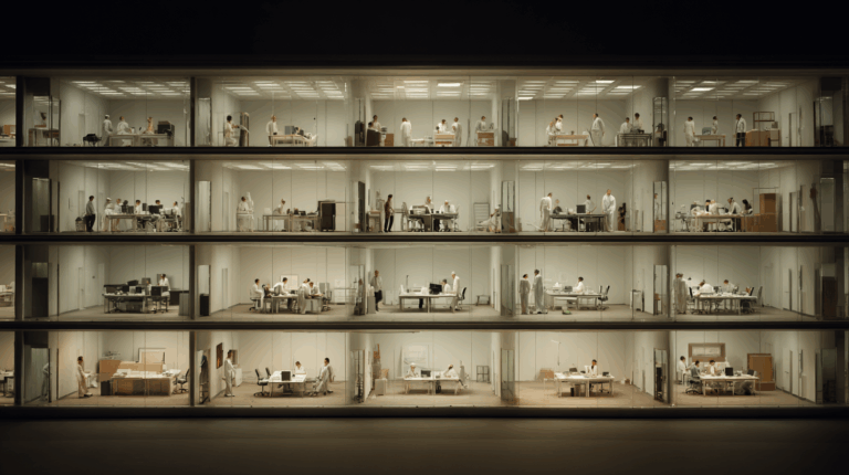 The image shows a cross-section view of a multi-story office building at night. Each floor is visible through large glass windows, revealing various office spaces with people working at desks. The individuals are dressed in white attire, and the rooms are brightly lit with overhead fluorescent lights. The office spaces contain desks, computers, and office equipment, with people engaged in different activities, such as working on computers, standing, or conversing. The overall scene conveys a sense of organized, busy office life.