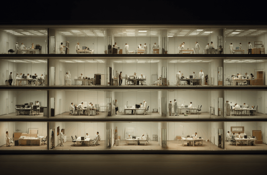 The image shows a cross-section view of a multi-story office building at night. Each floor is visible through large glass windows, revealing various office spaces with people working at desks. The individuals are dressed in white attire, and the rooms are brightly lit with overhead fluorescent lights. The office spaces contain desks, computers, and office equipment, with people engaged in different activities, such as working on computers, standing, or conversing. The overall scene conveys a sense of organized, busy office life.