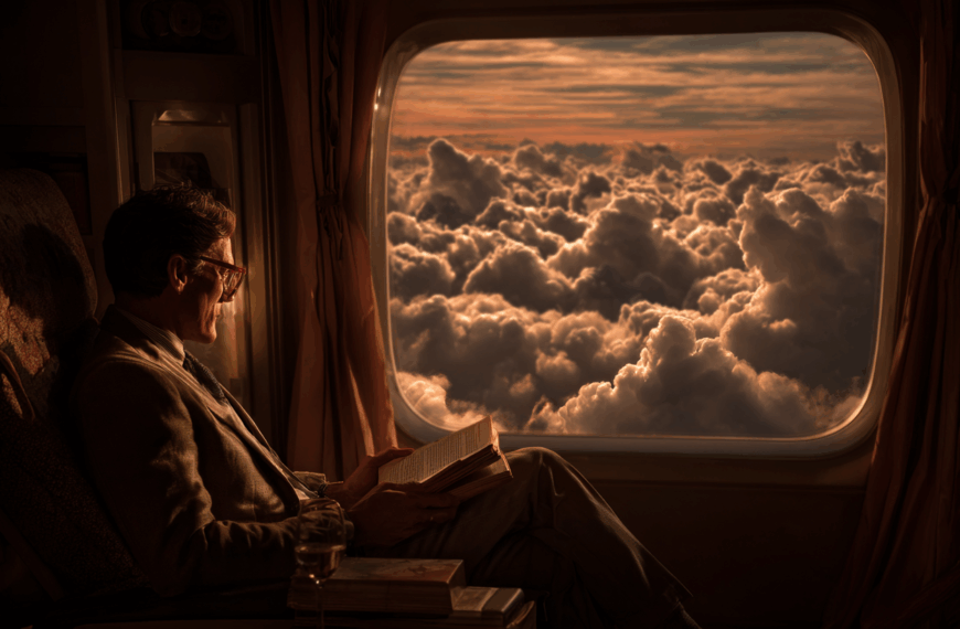 A person is sitting in a dimly lit train compartment, reading a book. They are wearing glasses and a suit. Outside the window, there is a view of a dramatic, cloud-filled sky with warm, golden light. A glass of water and a stack of books are on the table beside them.