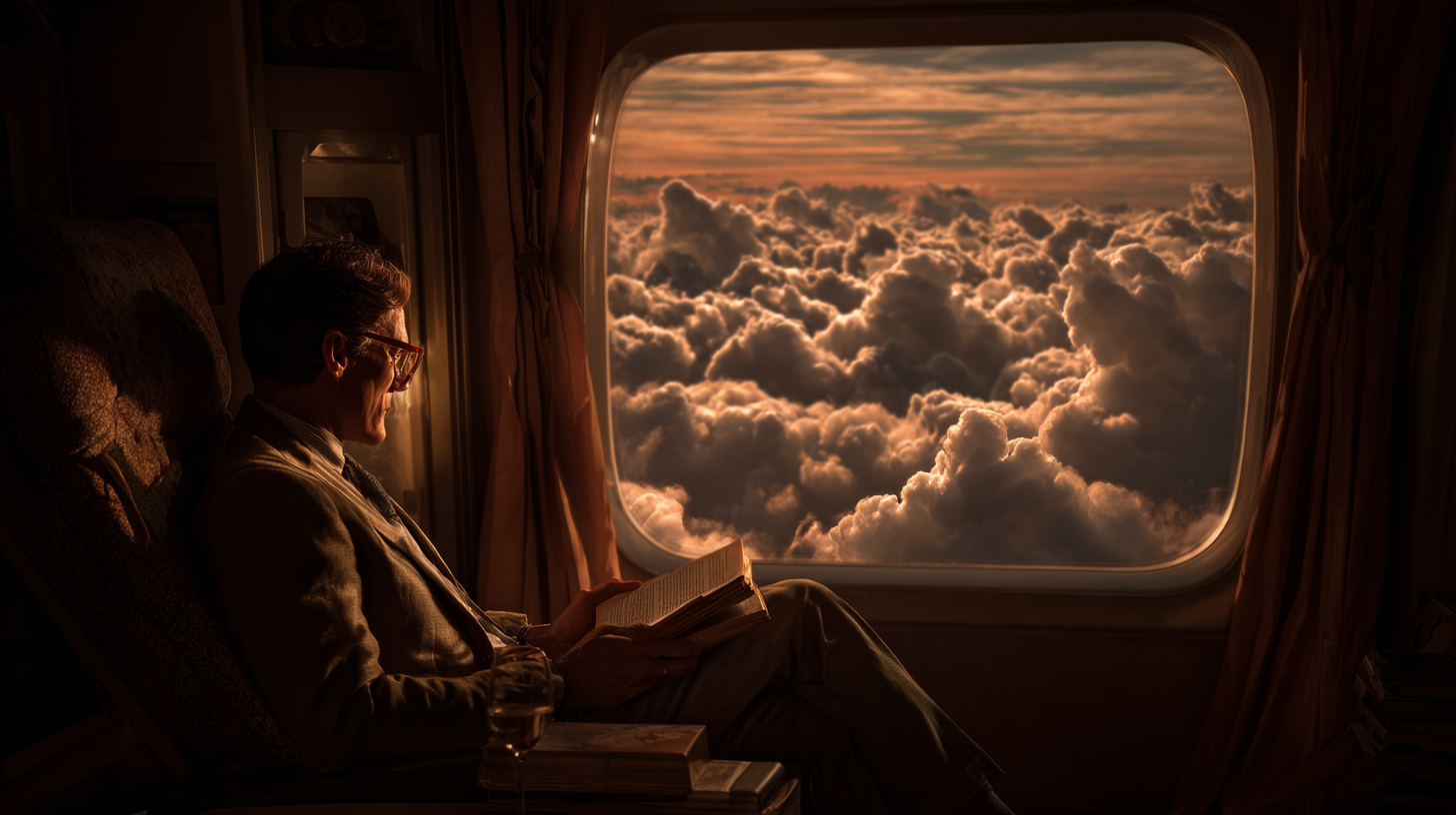 A person is sitting in a dimly lit train compartment, reading a book. They are wearing glasses and a suit. Outside the window, there is a view of a dramatic, cloud-filled sky with warm, golden light. A glass of water and a stack of books are on the table beside them.