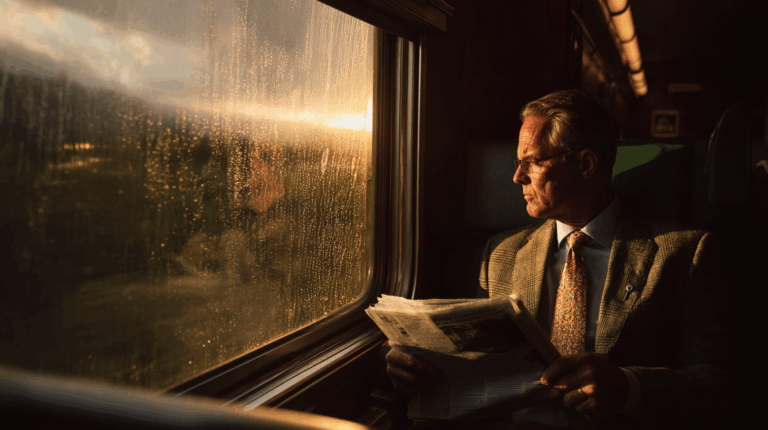 A man in a suit and tie is sitting on a train, holding a newspaper. He is looking out the window, which is covered in raindrops, as the sun sets, casting a warm glow inside the train. The scene conveys a sense of contemplation and tranquility.