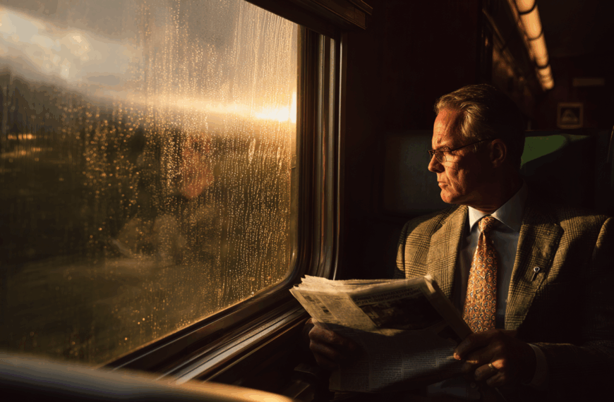 A man in a suit and tie is sitting on a train, holding a newspaper. He is looking out the window, which is covered in raindrops, as the sun sets, casting a warm glow inside the train. The scene conveys a sense of contemplation and tranquility.