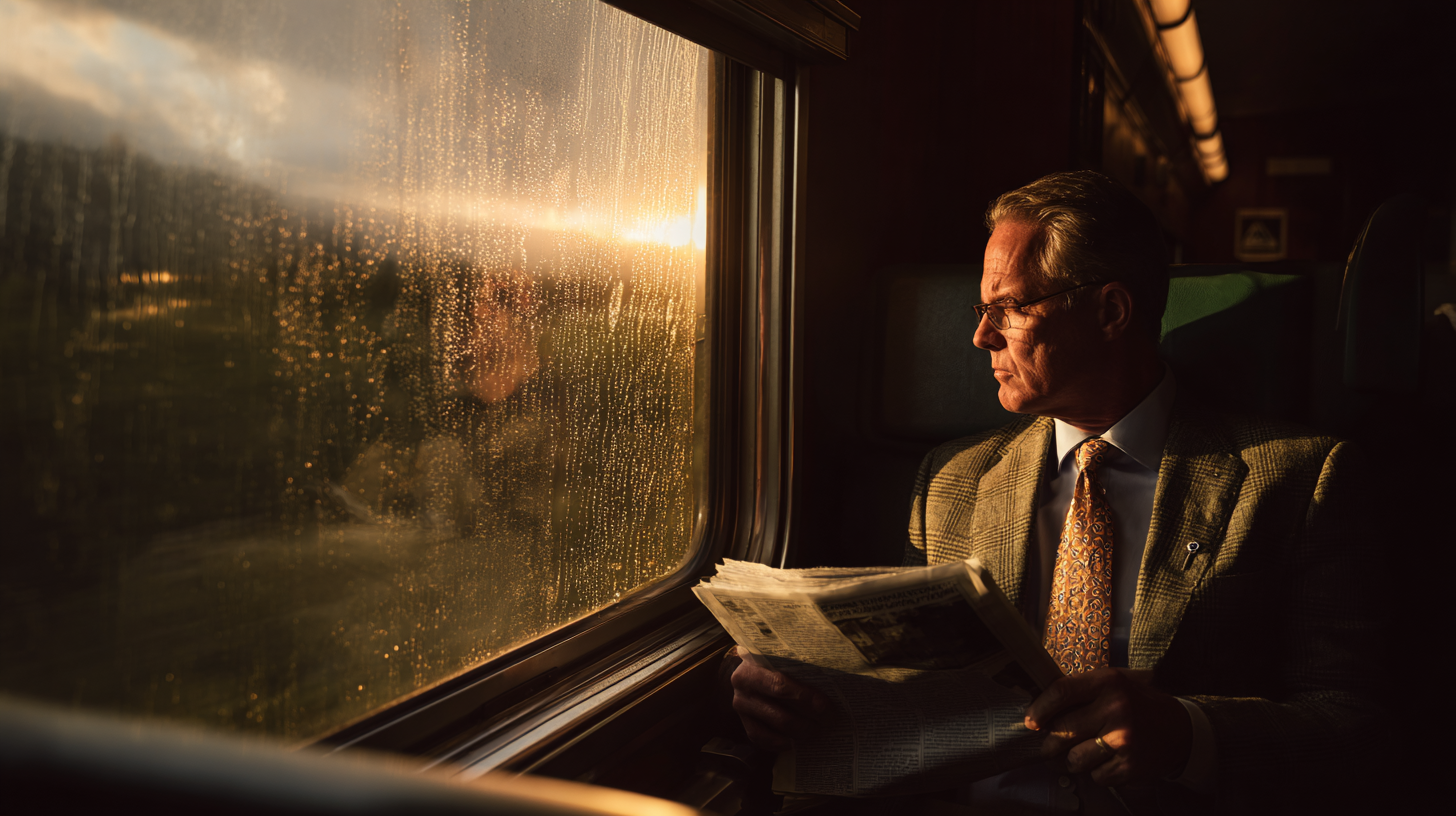 A man in a suit and tie is sitting on a train, holding a newspaper. He is looking out the window, which is covered in raindrops, as the sun sets, casting a warm glow inside the train. The scene conveys a sense of contemplation and tranquility.