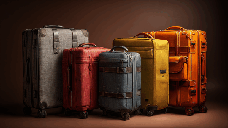 A collection of five vintage-style suitcases in various colors and sizes is arranged in a row. The suitcases are made of different materials, including leather and fabric, and feature details like buckles and handles. The colors include gray, red, blue, yellow, and orange, and each suitcase has wheels for easy transport. The background is a warm brown, complementing the retro aesthetic of the luggage.