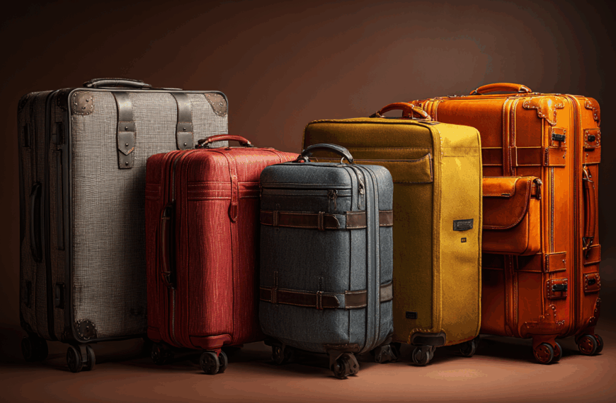 A collection of five vintage-style suitcases in various colors and sizes is arranged in a row. The suitcases are made of different materials, including leather and fabric, and feature details like buckles and handles. The colors include gray, red, blue, yellow, and orange, and each suitcase has wheels for easy transport. The background is a warm brown, complementing the retro aesthetic of the luggage.