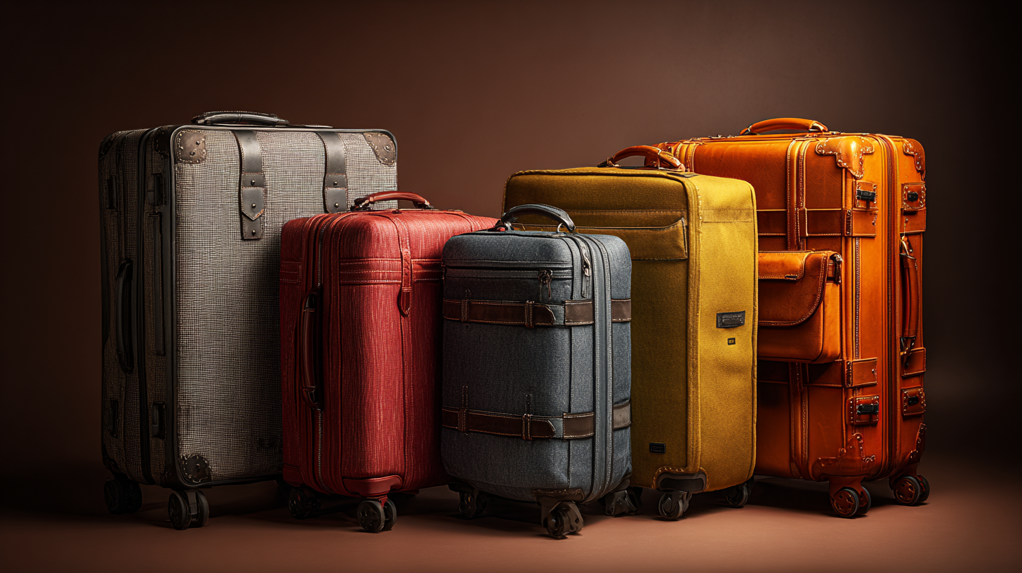 A collection of five vintage-style suitcases in various colors and sizes is arranged in a row. The suitcases are made of different materials, including leather and fabric, and feature details like buckles and handles. The colors include gray, red, blue, yellow, and orange, and each suitcase has wheels for easy transport. The background is a warm brown, complementing the retro aesthetic of the luggage.