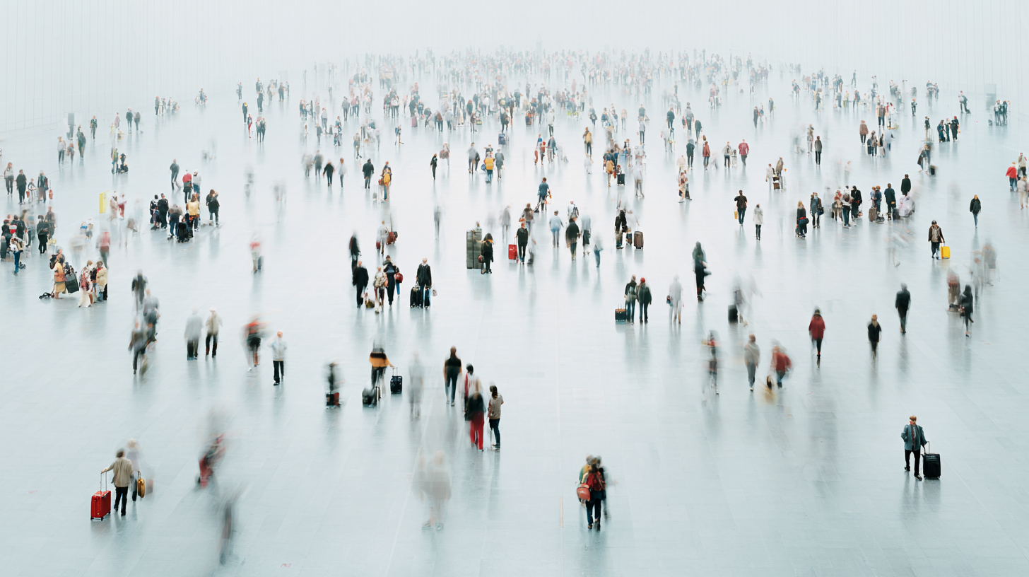 Blurred image of a large, open indoor space with many people walking in various directions. Some individuals are carrying luggage, suggesting a busy transportation hub like an airport or train station. The floor is reflective, and the background is bright and slightly foggy, adding to the sense of motion and activity.
