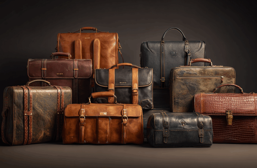 A collection of vintage leather briefcases and bags is arranged against a dark background. The bags vary in color, including shades of brown, black, and dark green, and feature different textures and designs, such as smooth, pebbled, and crocodile patterns. Some bags have buckles, handles, and straps, showcasing a classic and elegant style.