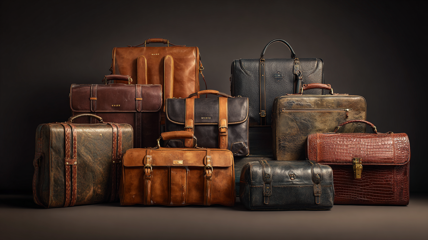 A collection of vintage leather briefcases and bags is arranged against a dark background. The bags vary in color, including shades of brown, black, and dark green, and feature different textures and designs, such as smooth, pebbled, and crocodile patterns. Some bags have buckles, handles, and straps, showcasing a classic and elegant style.