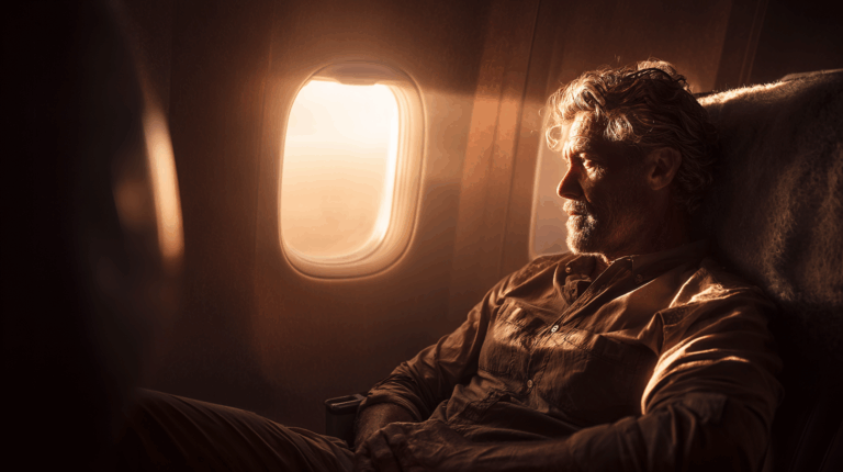 A man with gray hair and a beard is sitting in an airplane seat, gazing out the window. The warm light of the setting sun illuminates his face and the interior of the plane. He appears relaxed and contemplative.