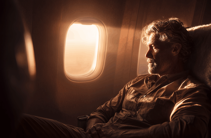 A man with gray hair and a beard is sitting in an airplane seat, gazing out the window. The warm light of the setting sun illuminates his face and the interior of the plane. He appears relaxed and contemplative.