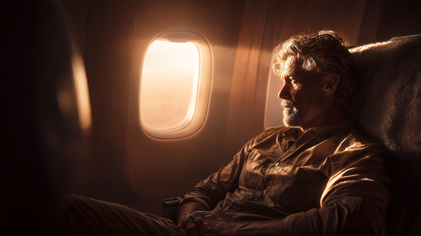 A man with gray hair and a beard is sitting in an airplane seat, gazing out the window. The warm light of the setting sun illuminates his face and the interior of the plane. He appears relaxed and contemplative.