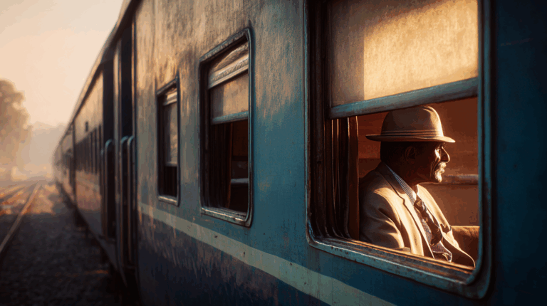 The image shows a man wearing a hat and a suit, sitting inside a train near a window. The train is moving along a track, and the sunlight is casting a warm glow on the man's face and the side of the train. The background is slightly blurred, indicating motion.