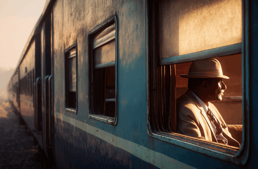 The image shows a man wearing a hat and a suit, sitting inside a train near a window. The train is moving along a track, and the sunlight is casting a warm glow on the man's face and the side of the train. The background is slightly blurred, indicating motion.