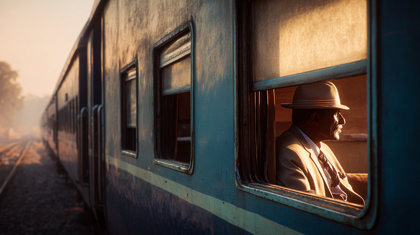 The image shows a man wearing a hat and a suit, sitting inside a train near a window. The train is moving along a track, and the sunlight is casting a warm glow on the man's face and the side of the train. The background is slightly blurred, indicating motion.
