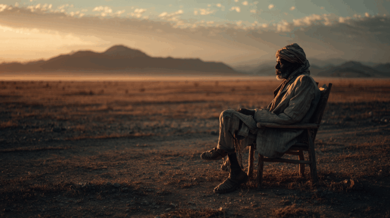 A person wearing traditional clothing and a turban is sitting on a wooden chair in a vast, open landscape during sunset. The scene is bathed in warm, golden light, with mountains visible in the background and a clear sky with scattered clouds. The ground is dry and barren, adding to the serene and contemplative atmosphere.