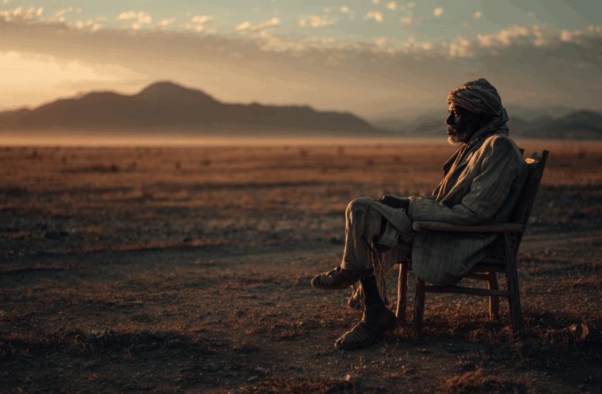 A person wearing traditional clothing and a turban is sitting on a wooden chair in a vast, open landscape during sunset. The scene is bathed in warm, golden light, with mountains visible in the background and a clear sky with scattered clouds. The ground is dry and barren, adding to the serene and contemplative atmosphere.