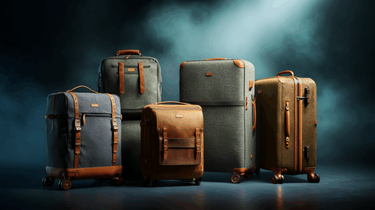 A collection of five stylish suitcases is displayed against a dark, smoky background. The suitcases vary in size and design, featuring a mix of materials such as fabric and leather accents. They are equipped with wheels and handles, showcasing a blend of modern and classic travel aesthetics. The lighting highlights the textures and details of the luggage.