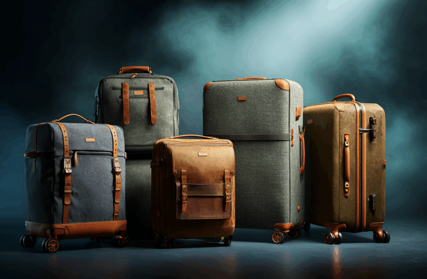 A collection of five stylish suitcases is displayed against a dark, smoky background. The suitcases vary in size and design, featuring a mix of materials such as fabric and leather accents. They are equipped with wheels and handles, showcasing a blend of modern and classic travel aesthetics. The lighting highlights the textures and details of the luggage.