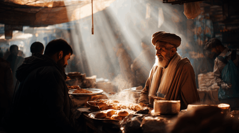 A bustling market scene with two men interacting at a food stall. The older man, wearing a turban and traditional clothing, stands behind the stall with various baked goods and steaming dishes. Sunlight filters through the canopy above, casting warm rays and creating a lively atmosphere. Other market-goers and stalls are visible in the background.
