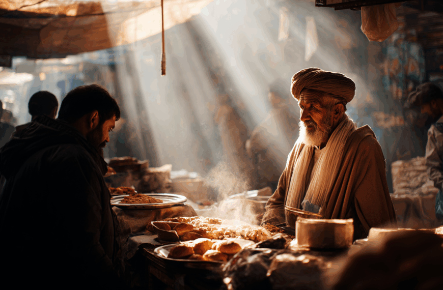 A bustling market scene with two men interacting at a food stall. The older man, wearing a turban and traditional clothing, stands behind the stall with various baked goods and steaming dishes. Sunlight filters through the canopy above, casting warm rays and creating a lively atmosphere. Other market-goers and stalls are visible in the background.
