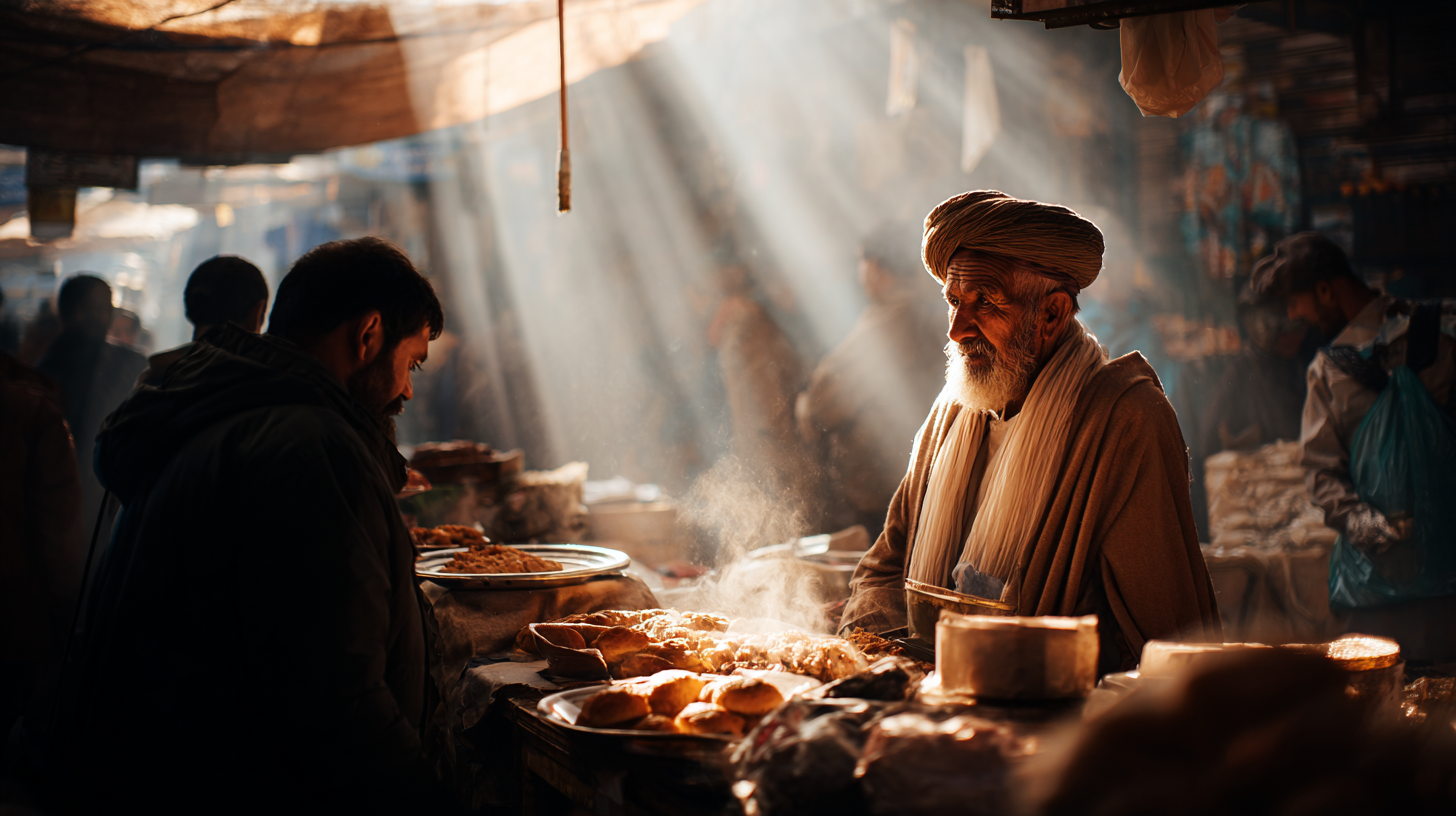 A bustling market scene with two men interacting at a food stall. The older man, wearing a turban and traditional clothing, stands behind the stall with various baked goods and steaming dishes. Sunlight filters through the canopy above, casting warm rays and creating a lively atmosphere. Other market-goers and stalls are visible in the background.