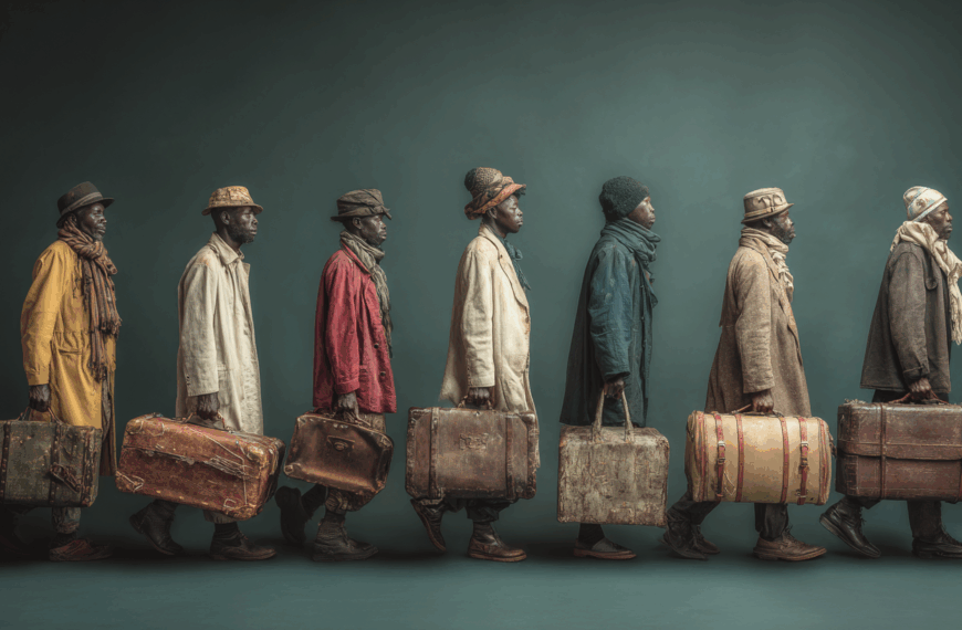 A line of seven men, each wearing a hat and carrying a vintage suitcase, walk in profile from left to right against a plain background. They are dressed in various coats and scarves, with each man wearing a different style and color of clothing. The suitcases appear worn and aged, adding a sense of history to the scene.