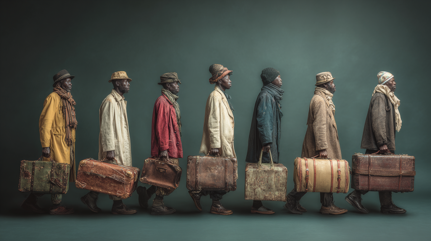 A line of seven men, each wearing a hat and carrying a vintage suitcase, walk in profile from left to right against a plain background. They are dressed in various coats and scarves, with each man wearing a different style and color of clothing. The suitcases appear worn and aged, adding a sense of history to the scene.