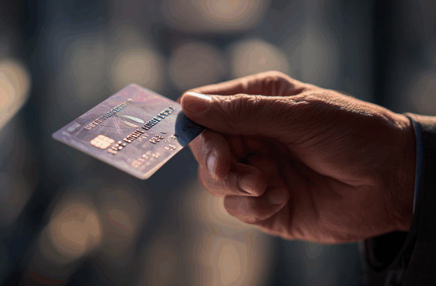 A hand holding a credit card with a blurred background. The card has a chip and embossed numbers, and the hand is positioned to present the card forward.