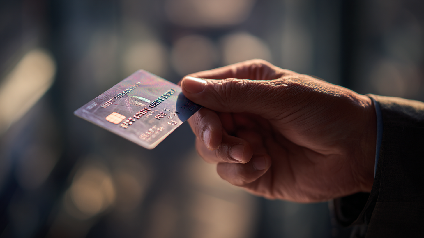 A hand holding a credit card with a blurred background. The card has a chip and embossed numbers, and the hand is positioned to present the card forward.