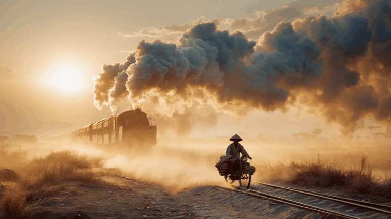 A person wearing a conical hat rides a motorcycle along a dirt path next to train tracks. In the background, a steam locomotive emits large plumes of smoke as it travels along the tracks. The scene is set during sunset, casting a warm glow over the landscape, with dust and smoke creating a dramatic atmosphere.