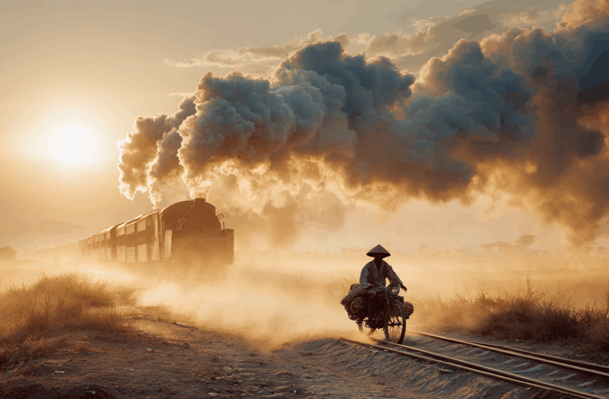 A person wearing a conical hat rides a motorcycle along a dirt path next to train tracks. In the background, a steam locomotive emits large plumes of smoke as it travels along the tracks. The scene is set during sunset, casting a warm glow over the landscape, with dust and smoke creating a dramatic atmosphere.