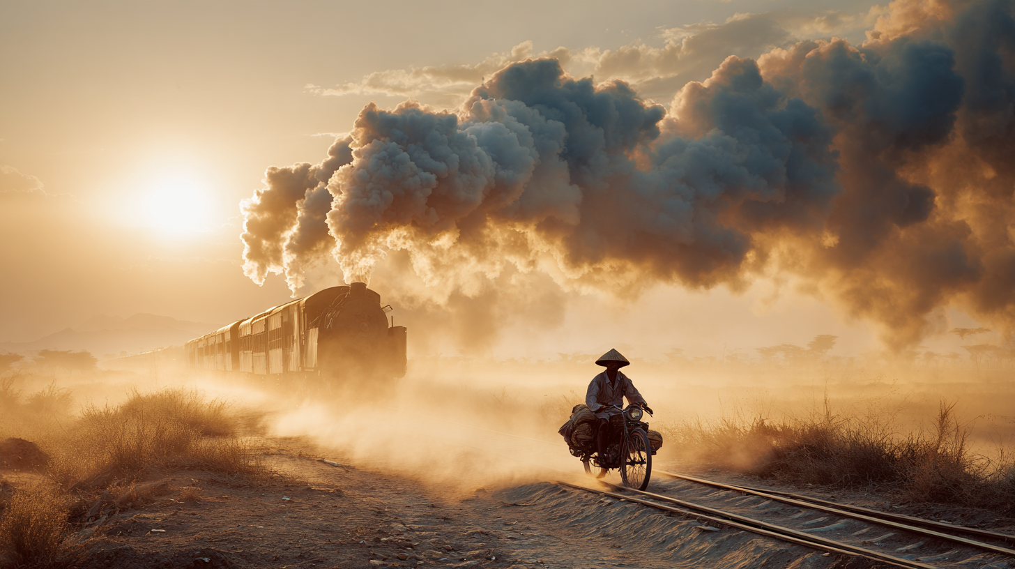 A person wearing a conical hat rides a motorcycle along a dirt path next to train tracks. In the background, a steam locomotive emits large plumes of smoke as it travels along the tracks. The scene is set during sunset, casting a warm glow over the landscape, with dust and smoke creating a dramatic atmosphere.