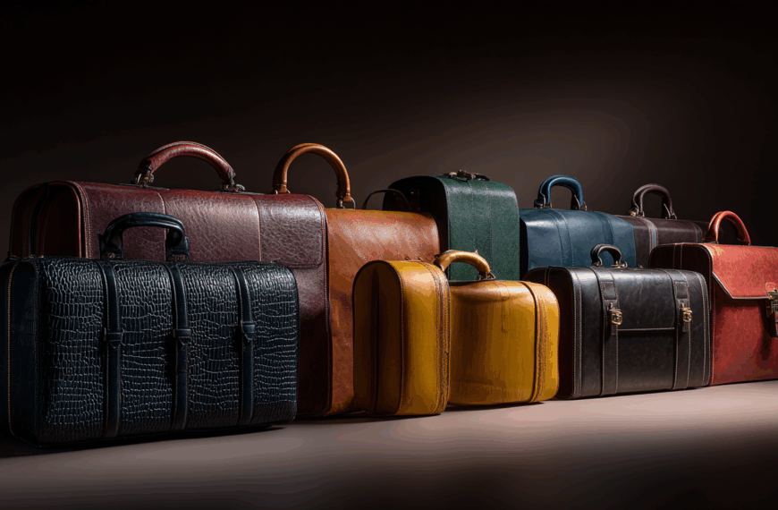 The image shows a collection of various leather briefcases and bags in different colors and textures. The bags are arranged in a row, showcasing a range of styles including crocodile patterns and smooth finishes. The colors include black, brown, red, green, blue, and yellow, all set against a dark background.