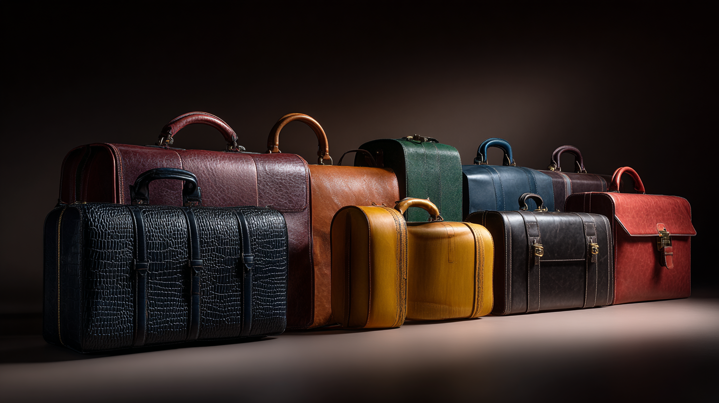 The image shows a collection of various leather briefcases and bags in different colors and textures. The bags are arranged in a row, showcasing a range of styles including crocodile patterns and smooth finishes. The colors include black, brown, red, green, blue, and yellow, all set against a dark background.