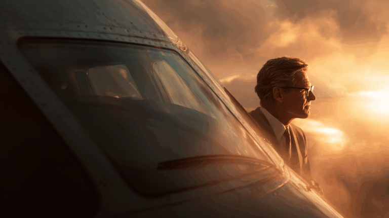 A man in a suit and glasses is leaning out of an airplane window, looking into the distance. The scene is bathed in warm, golden light, suggesting a sunrise or sunset. The airplane's exterior is visible, with a focus on the cockpit area. The sky is filled with clouds, adding to the dramatic atmosphere.