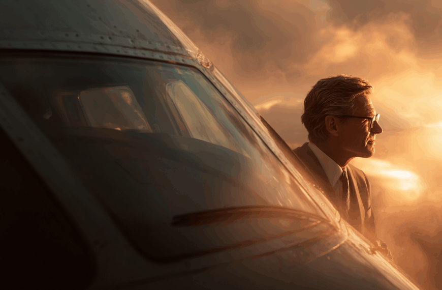 A man in a suit and glasses is leaning out of an airplane window, looking into the distance. The scene is bathed in warm, golden light, suggesting a sunrise or sunset. The airplane's exterior is visible, with a focus on the cockpit area. The sky is filled with clouds, adding to the dramatic atmosphere.