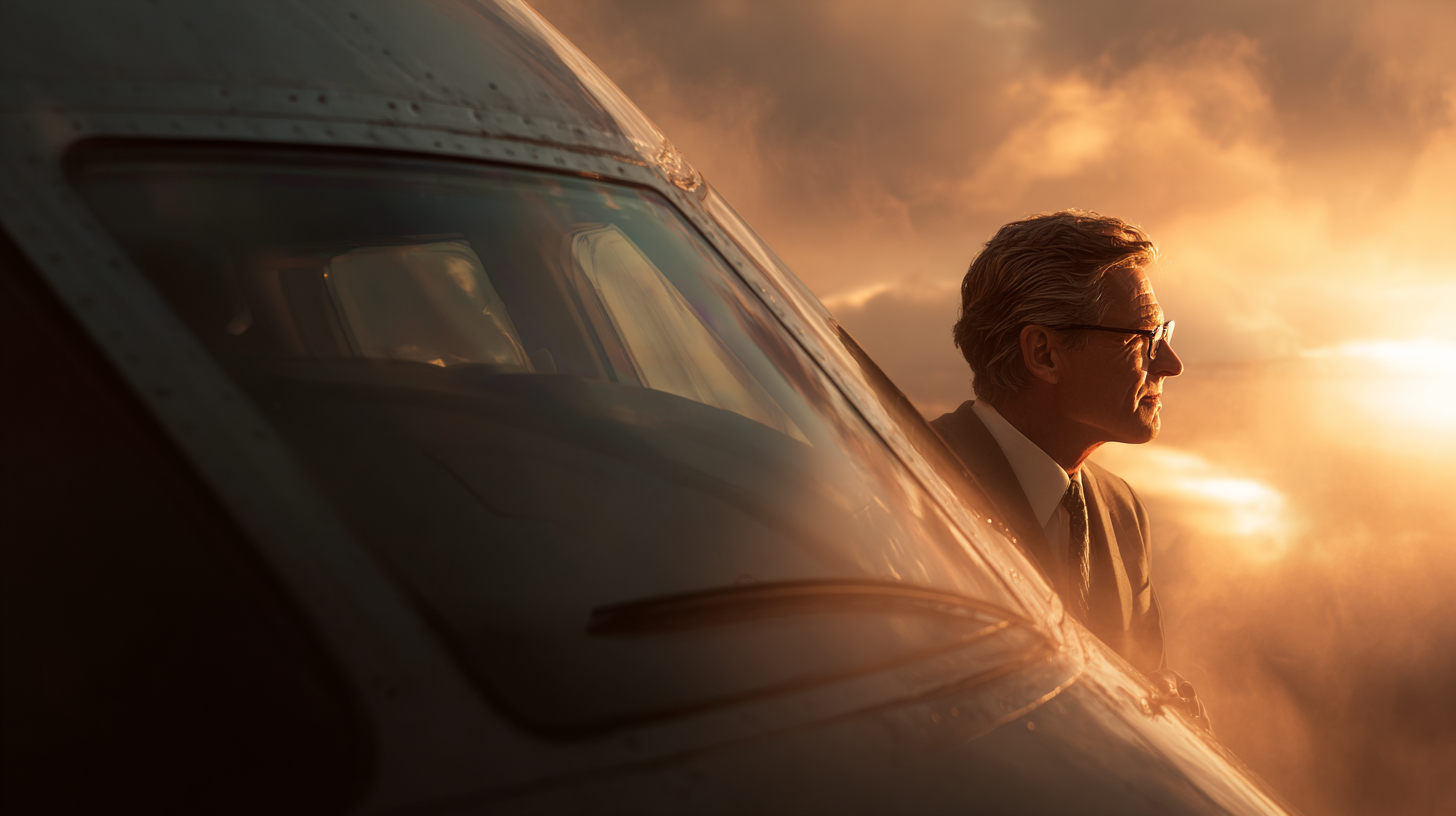 A man in a suit and glasses is leaning out of an airplane window, looking into the distance. The scene is bathed in warm, golden light, suggesting a sunrise or sunset. The airplane's exterior is visible, with a focus on the cockpit area. The sky is filled with clouds, adding to the dramatic atmosphere.