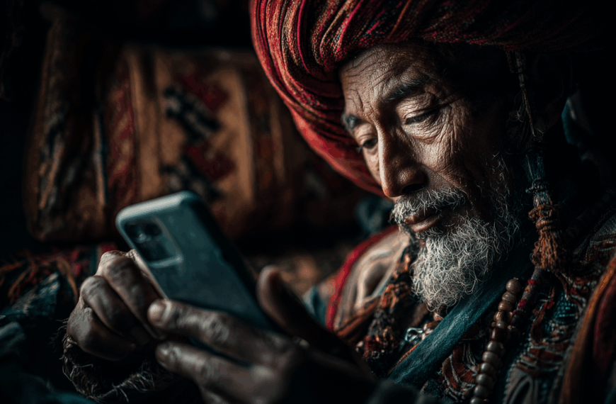 An elderly person with a white beard is wearing a colorful, patterned turban and traditional clothing. They are intently looking at a smartphone in their hands. The background is dimly lit, highlighting the intricate details of their attire and the texture of their skin.