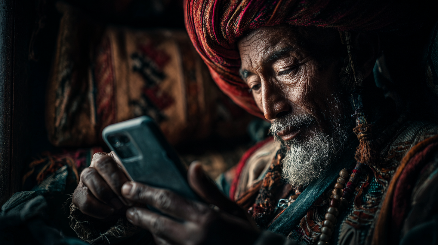 An elderly person with a white beard is wearing a colorful, patterned turban and traditional clothing. They are intently looking at a smartphone in their hands. The background is dimly lit, highlighting the intricate details of their attire and the texture of their skin.