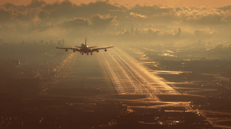 A large airplane is landing on a runway at an airport during sunset or sunrise. The sky is filled with clouds, and the city skyline is visible in the background. The runway lights are illuminated, creating a glowing path for the aircraft. The scene is bathed in a warm, golden light.