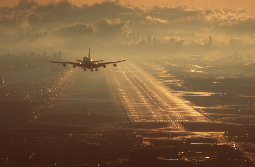 A large airplane is landing on a runway at an airport during sunset or sunrise. The sky is filled with clouds, and the city skyline is visible in the background. The runway lights are illuminated, creating a glowing path for the aircraft. The scene is bathed in a warm, golden light.