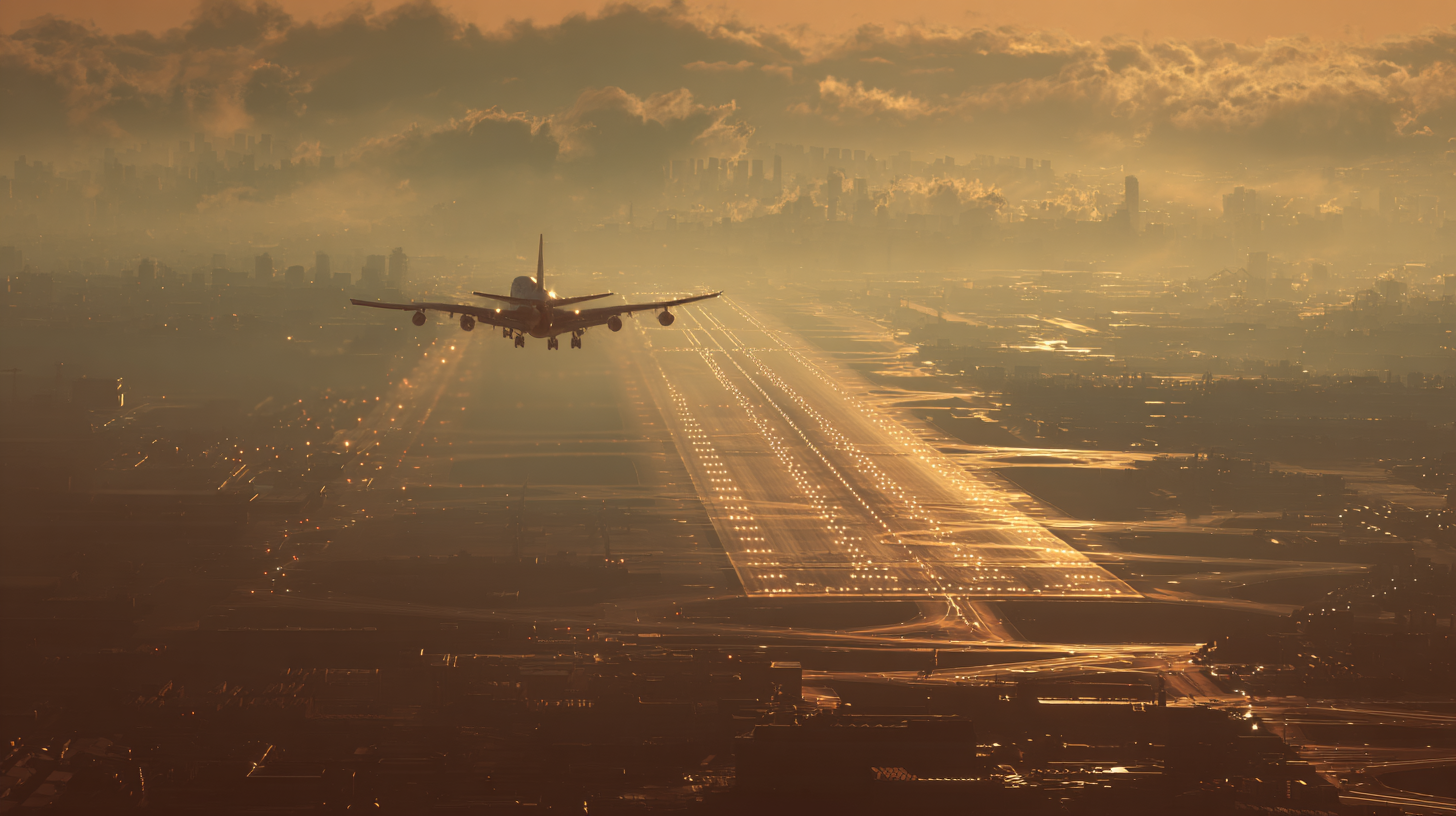 A large airplane is landing on a runway at an airport during sunset or sunrise. The sky is filled with clouds, and the city skyline is visible in the background. The runway lights are illuminated, creating a glowing path for the aircraft. The scene is bathed in a warm, golden light.