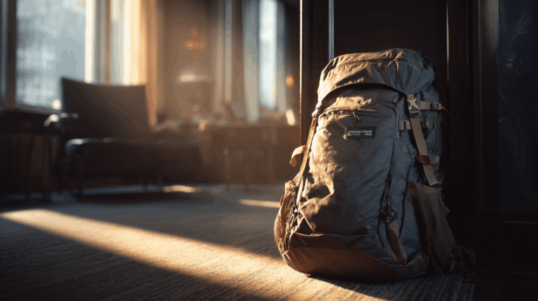 A large, gray backpack is leaning against a dark wall in a sunlit room. The room has a soft, warm ambiance with sunlight streaming through a window, casting shadows on the carpeted floor. The backpack has multiple compartments and straps, suggesting it is designed for travel or hiking.