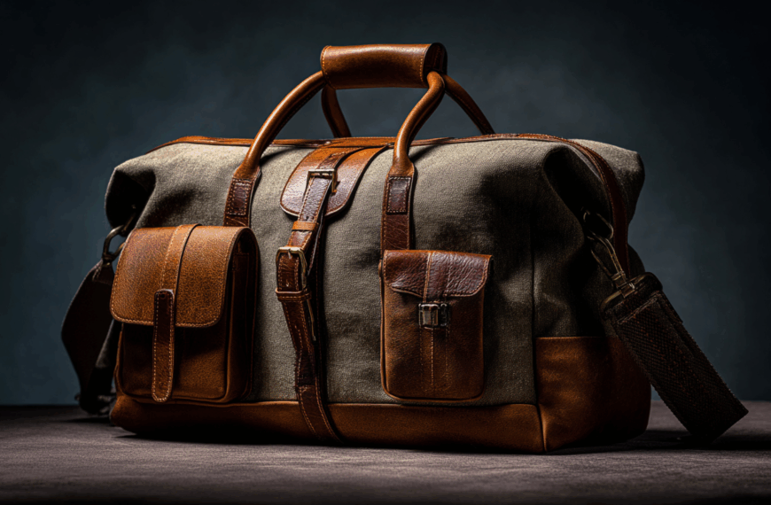 A stylish, vintage-style duffel bag made of canvas and leather is displayed against a dark background. The bag features brown leather handles, straps, and pockets, with a large main compartment and two smaller front pockets. The lighting highlights the texture and craftsmanship of the materials.