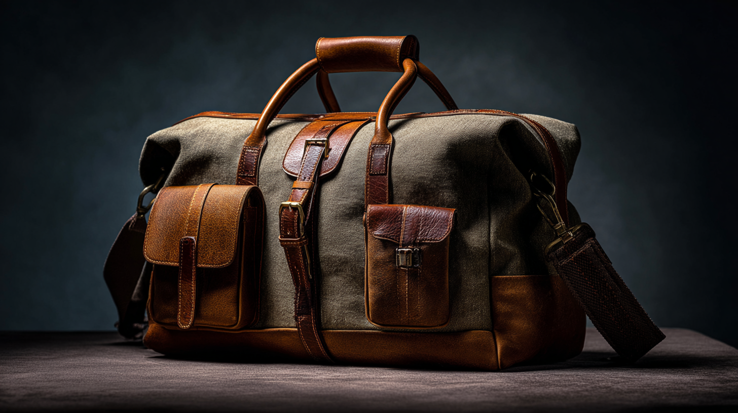 A stylish, vintage-style duffel bag made of canvas and leather is displayed against a dark background. The bag features brown leather handles, straps, and pockets, with a large main compartment and two smaller front pockets. The lighting highlights the texture and craftsmanship of the materials.