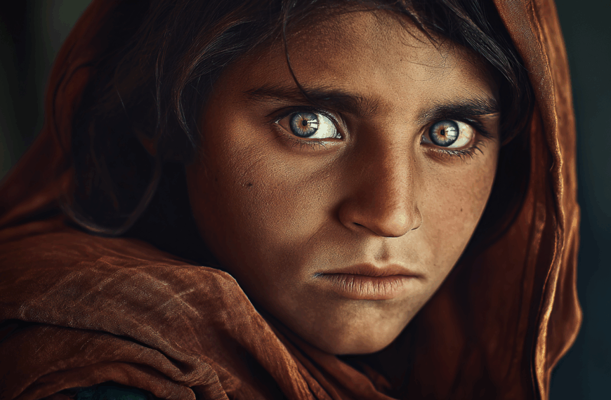 A close-up portrait of a person with striking green eyes, looking directly at the camera. They have a serious expression and are wearing a brown headscarf that partially covers their hair. The background is blurred, emphasizing the subject's face.