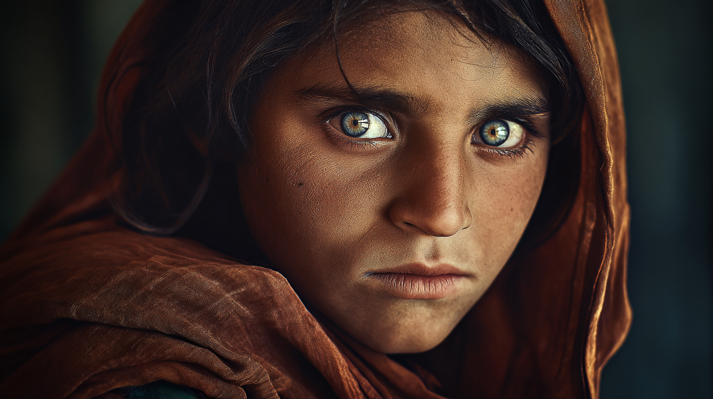 A close-up portrait of a person with striking green eyes, looking directly at the camera. They have a serious expression and are wearing a brown headscarf that partially covers their hair. The background is blurred, emphasizing the subject's face.